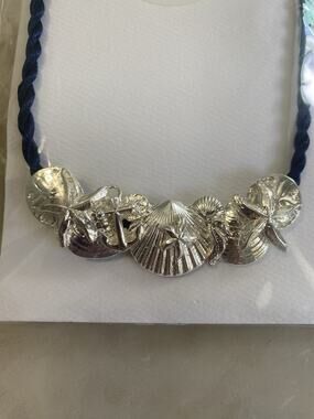 NEW $244 Betsy Frost seashell silver plated necklace on 18” navy braided rope